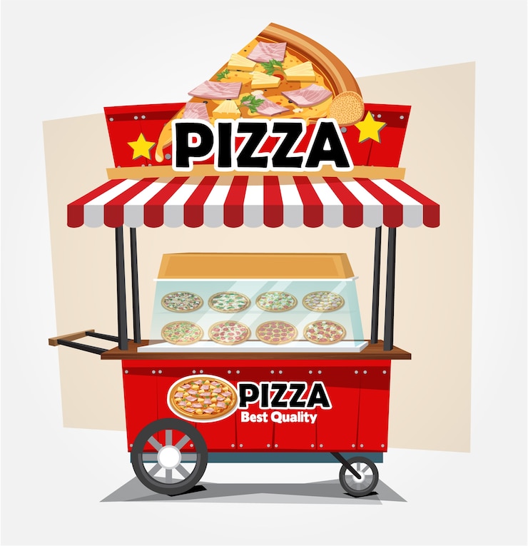 Vector carro de la pizza en un fondo coloreado.