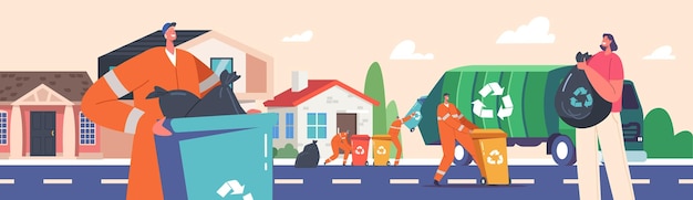 Los carroñeros en uniforme recogen basura para camión mujer tiran basura en contenedores de reciclaje en la calle Reciclaje de basura