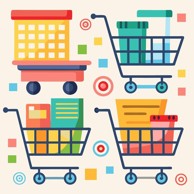 Vector carros de compras llenos de productos con diseños coloridos