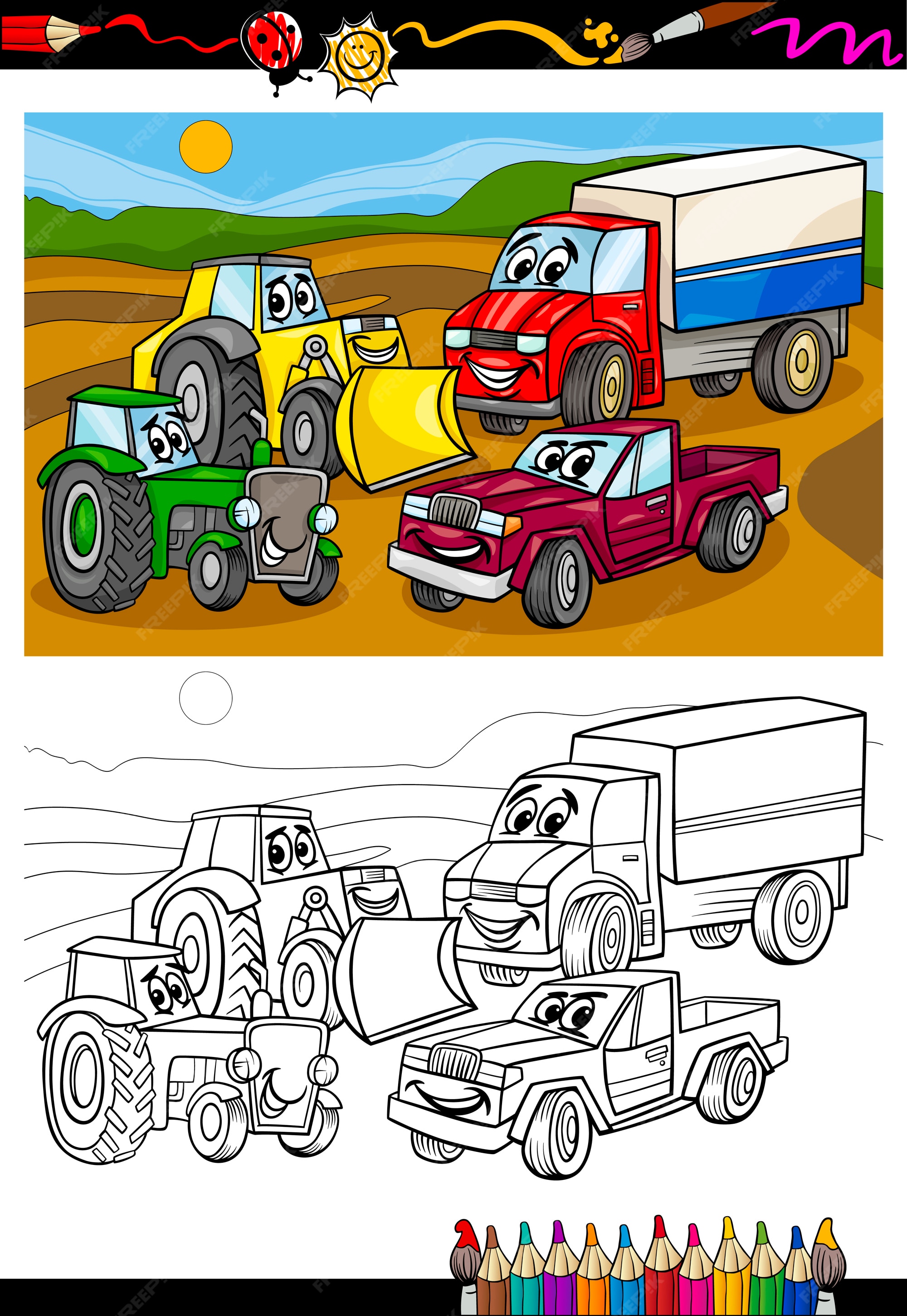 Carros de dibujos animados y camiones para colorear libro | Vector Premium