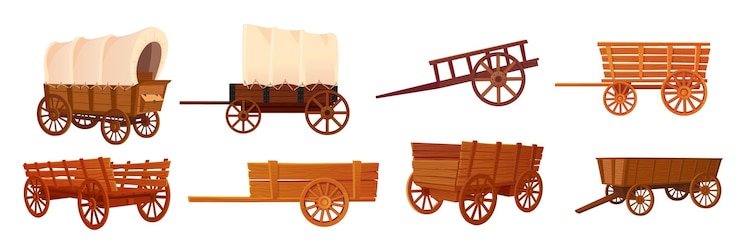 Vector carros de madera carros de campaña cubiertos vehículos de artesanía de granja viejos carros de dibujos animados o carretillas occidentales carro del salvaje oeste carro de viaje de vaquero ingeniosa ilustración vectorial de carro para la granja del oeste