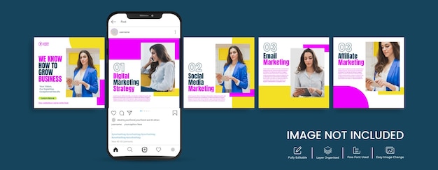 Vector el carrusel de redes sociales de marketing empresarial publica banners y paquetes de banners de instagram con teléfonos inteligentes