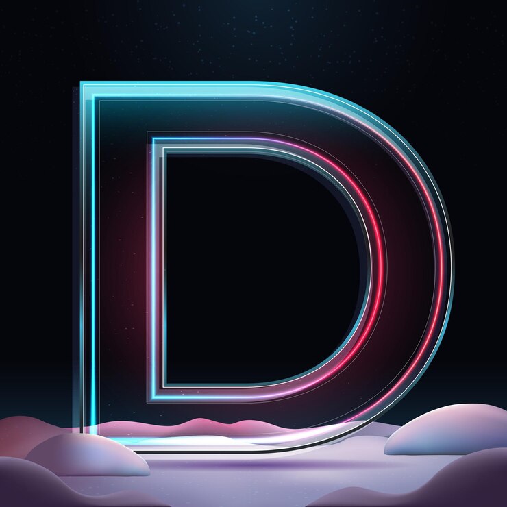 Vector carta 3d d con visión de luz de neón carta de vidrio con chispas y fondo de invierno decoración de vacaciones elemento para diseño, cartel, anuncio o juego ilustración