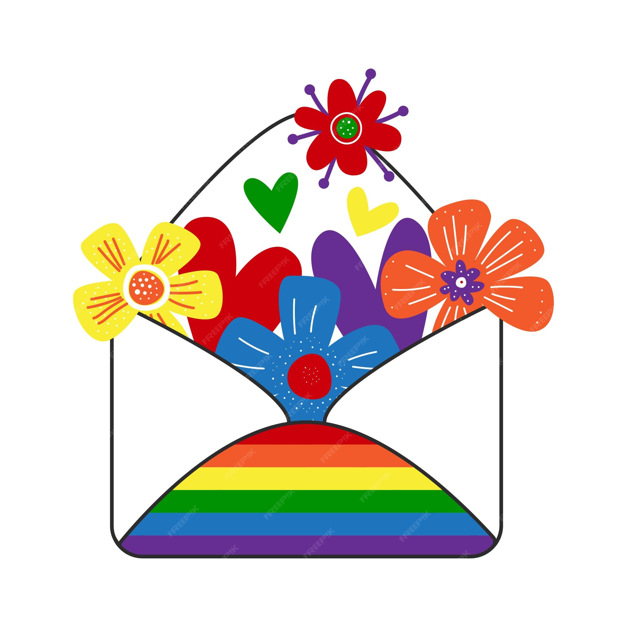 Carta De Amor Lgbt Carta de amor del arco iris gay con corazones y flores en un sobre día de  san valentín lgbt orgullo romántico | Vector Premium