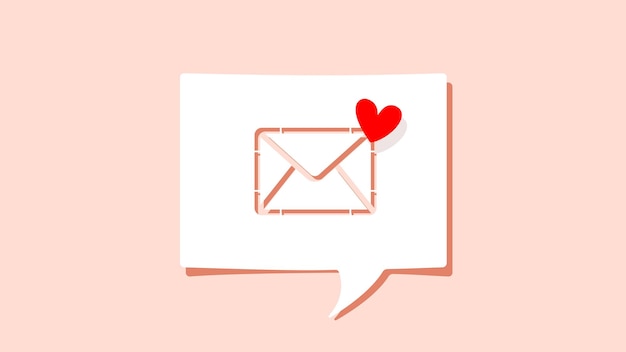 Carta de amor o correo electrónico con el símbolo de forma de corazón en la burbuja de voz de papel blanco recortada sobre fondo rosa