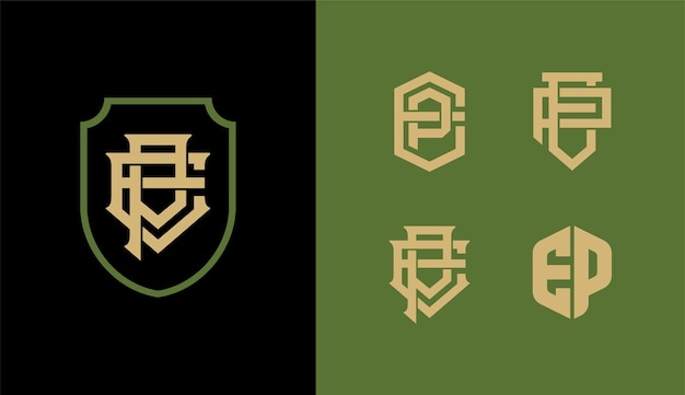Carta de colección de monogramas EP o PE con escudo entrelazado estilo moderno bueno para la marca de ropa