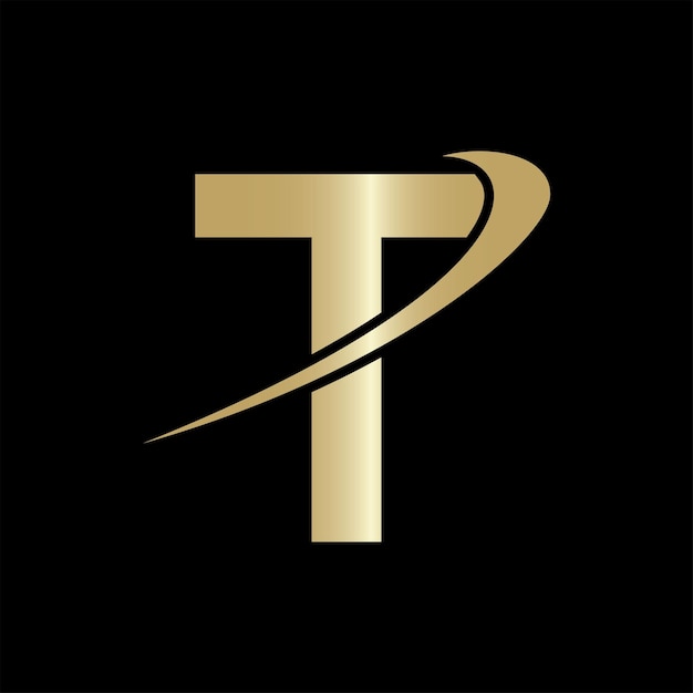Carta creativa T Diseño del logotipo Vector plantilla del logotipo color dorado y fondo negro