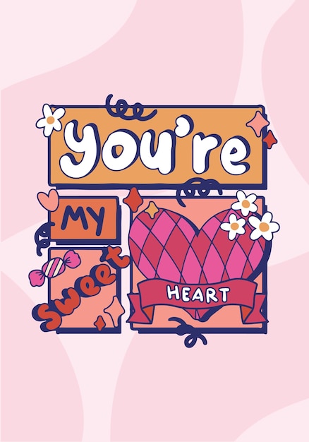 Carta de felicitación por el día de San Valentín Adhesivo tipografía bonito valentín eres mi corazón dulce retro colorido