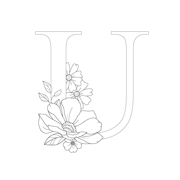 Carta de felicitación de invitación de boda con flores y hojas dibujadas a mano con la letra U del alfabeto floral