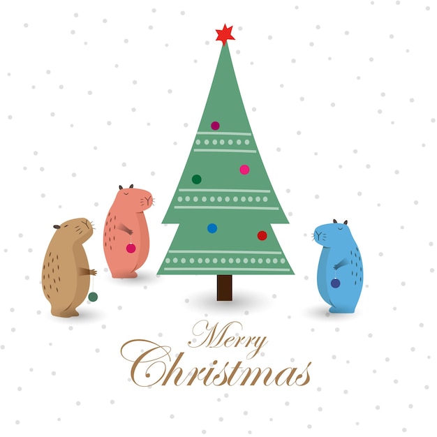 Vector carta de felicitación de navidad con capibaras y árbol