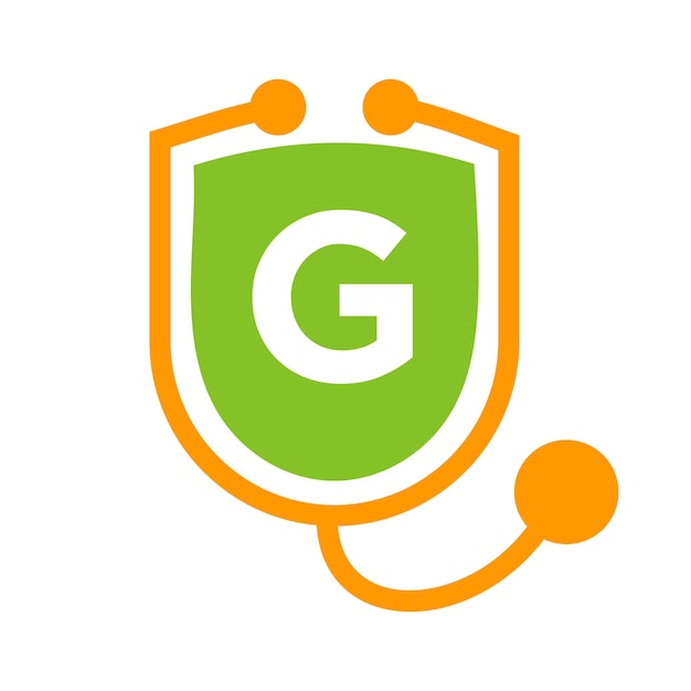 Carta G Logotipo de atención médica Médico y logotipo médico en la letra G Concepto con estetoscopio de escudo