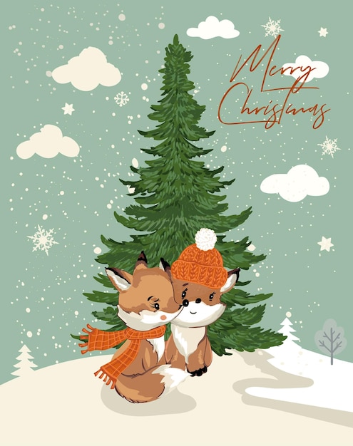 Carta de ilustración vectorial de Navidad con zorros bonitos y árbol de Navidad