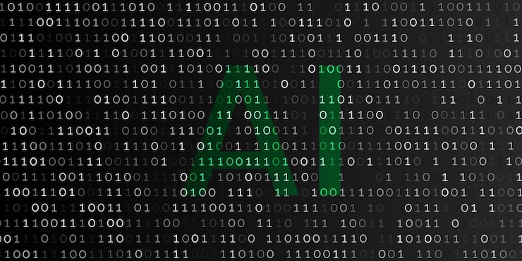 Vector carta de inteligencia artificial de ia en un código binario fondo de flujo de datos en un estilo digital futurista