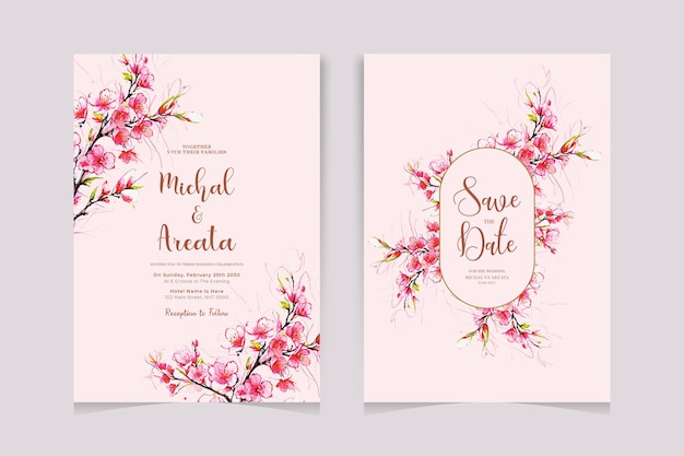 Carta de invitación de boda en acuarela con hermosas flores y hojas
