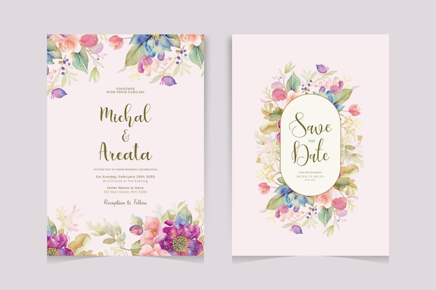 Carta de invitación de boda en acuarela con hermosas flores y hojas