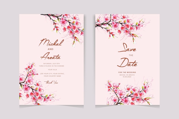 Carta de invitación de boda en acuarela con hermosas flores y hojas