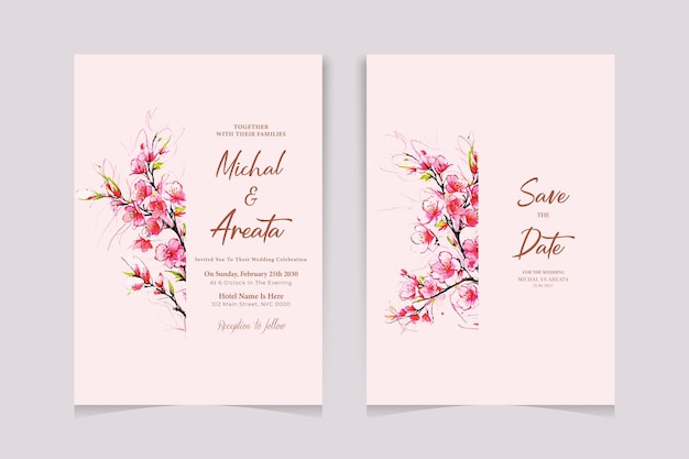 Carta de invitación de boda en acuarela con hermosas flores y hojas