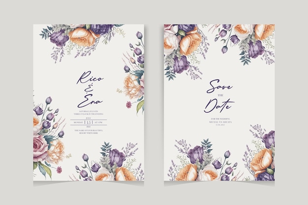 Carta de invitación de boda en acuarela con hermosas flores y hojas