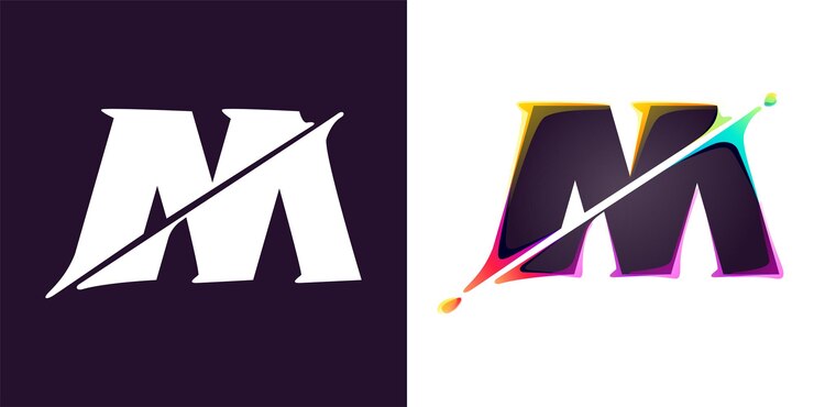 Vector carta del logotipo de la letra m con efecto de cambio de color de distorsión cibernética tipo de gradiente multicolor problema de neón