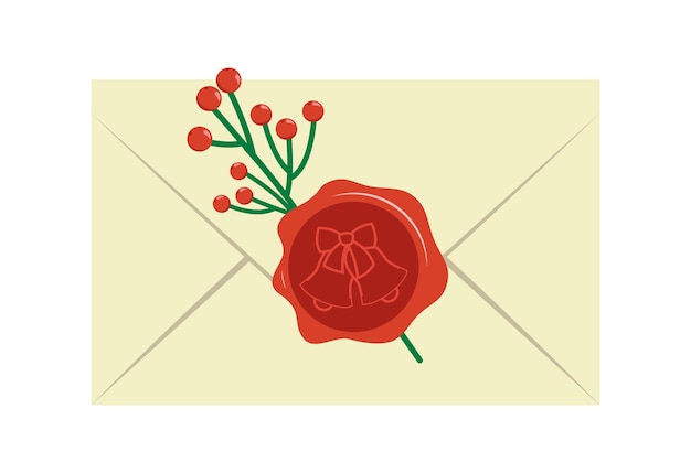 Carta de Navidad con sello de cera roja y bayas Carta de correo de sobre Vector plano de dibujos animados