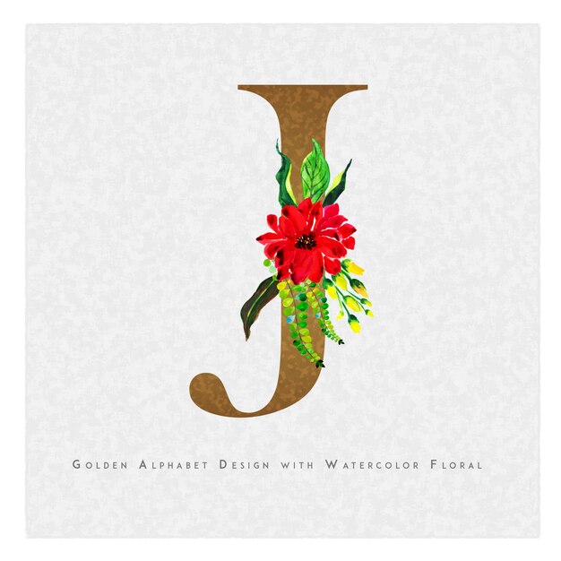 Carta de oro J fondo floral acuarela