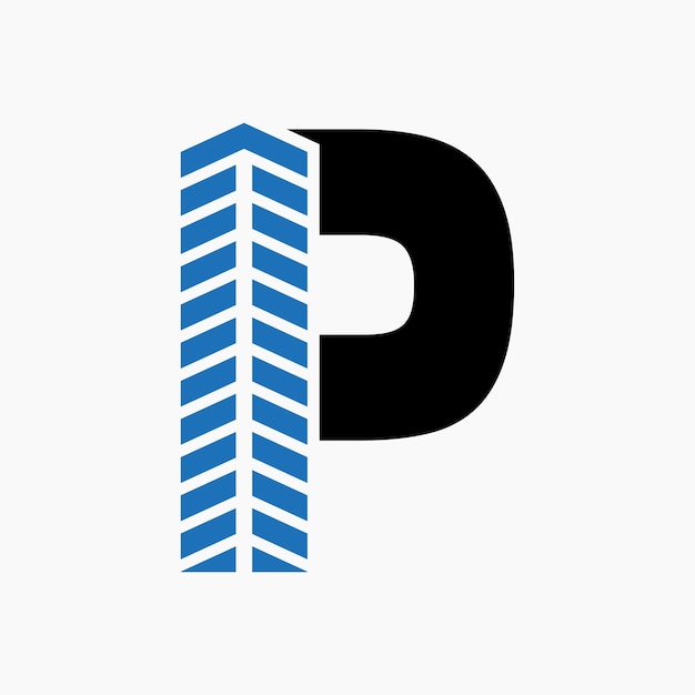 Carta P Concepto del logotipo de bienes raíces con icono de construcción, propiedad y símbolo de vivienda