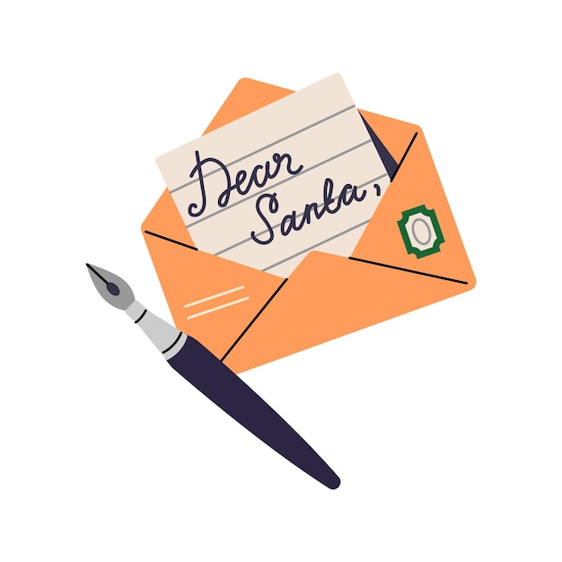 Carta a Papá Noel con pluma estilográfica Abre un sobre con una lista de deseos en papel para las vacaciones de invierno Los niños presentan un mensaje sobre regalos de Navidad Ilustración vectorial aislada plana sobre fondo blanco