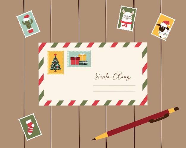 Carta a Papá Noel rodeada de sellos postales festivos Ilustración vectorial para temas navideños