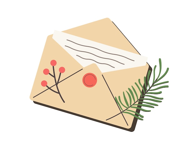 Carta de papel en sobre kraft marrón para vacaciones de navidad correo artesanal de navidad mensajes postales festivos rama de bayas rojas y decoración de hojas