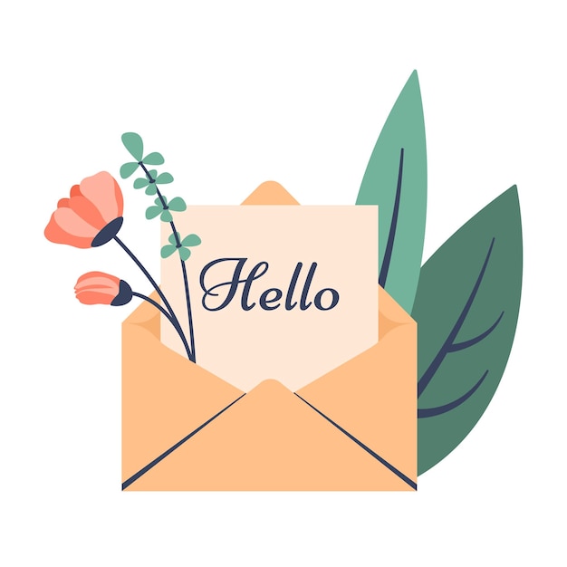 Carta de saludo Sobre abierto con carta hermosas flores de primavera hojas Concepto de lectura de buenas noticias aviso currículum mirando el correo recibiendo buenas noticias Vector ilustración de dibujos animados plana