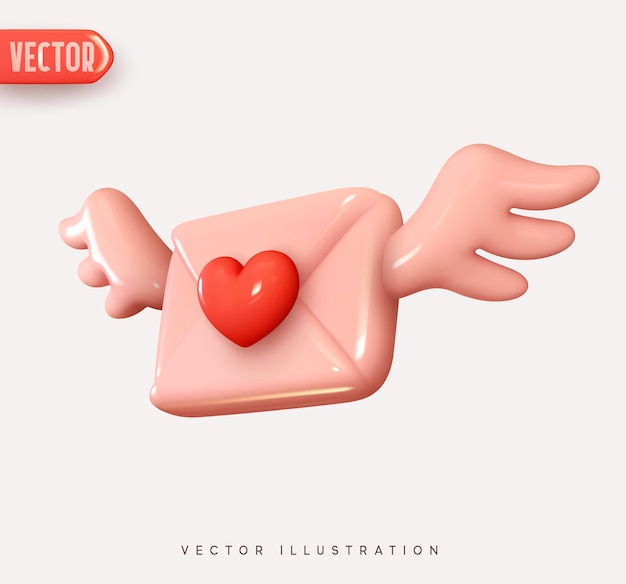 Carta de sobre de icono de vector 3d con alas, carta de correo con corazón rojo. Elementos realistas para un diseño romántico. Objeto aislado sobre fondo rosa
