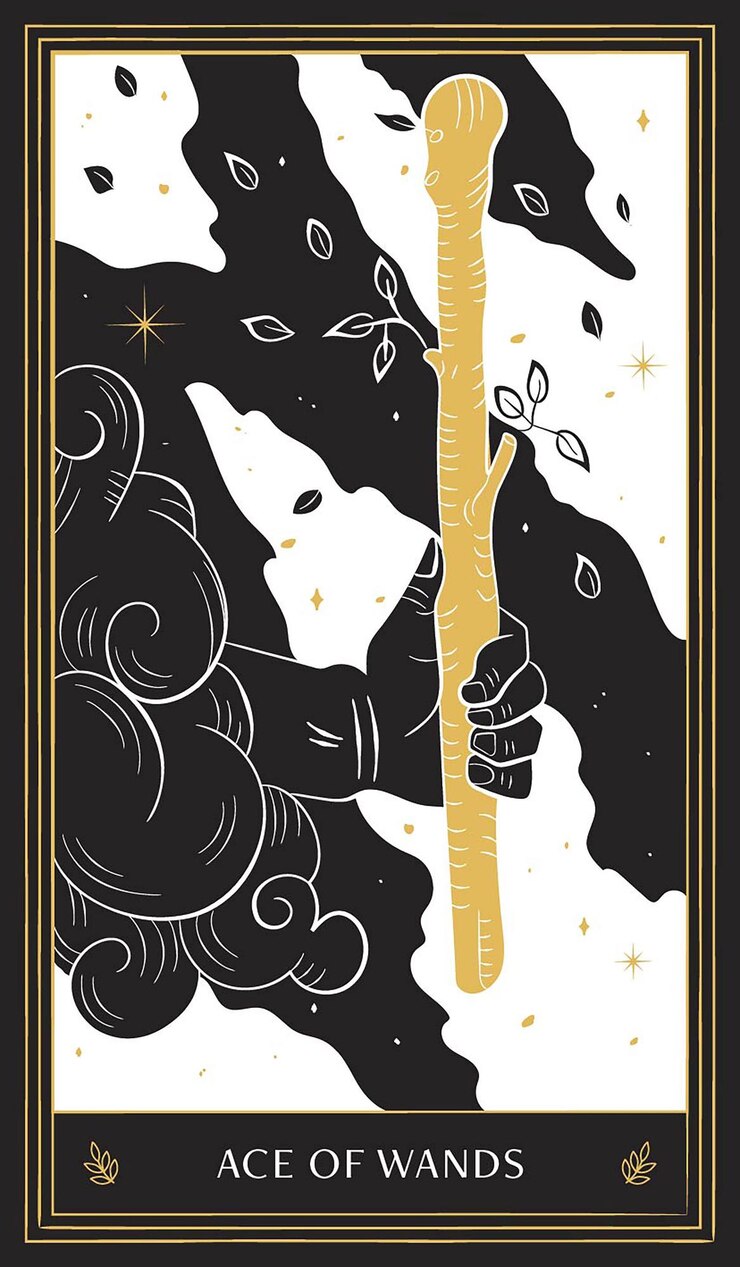 Vector carta del tarot as de bastos en arcanos menores con doodle vector dibujado a mano en oro negro y blanco
