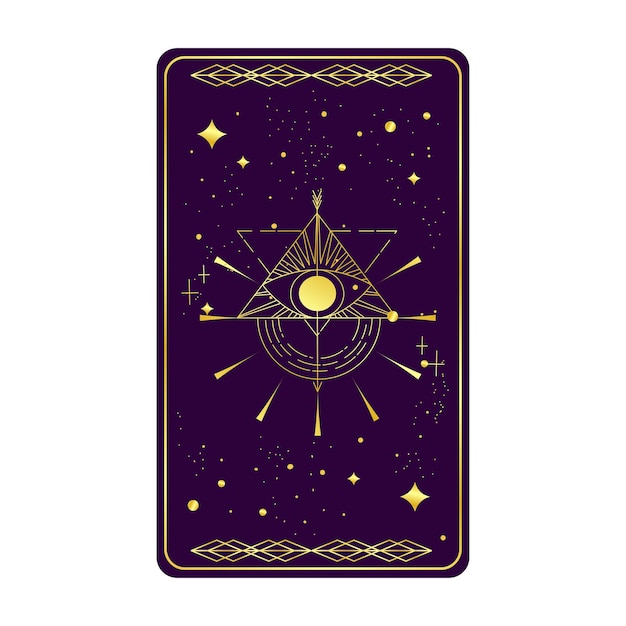 Vector carta de tarot dorada con pirámide ocular mística aislada carta de tarot esotérica boho con ojo y estrella ilustración vectorial triángulo celestial de geometría sagrada