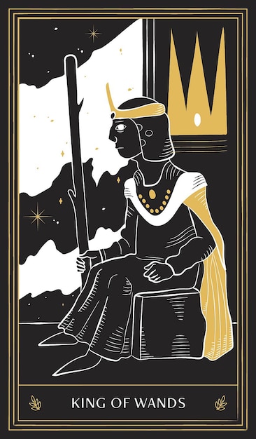 Carta del Tarot Rey de Bastos en arcanos menores con garabato vectorial dibujado a mano en oro negro y blanco