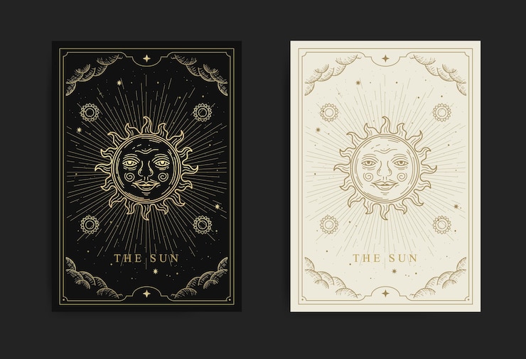 Vector la carta del tarot del sol con grabado, handrawn, lujo, esotérico, estilo boho, apto para paranormal, lector de tarot, astrólogo o tatuaje.