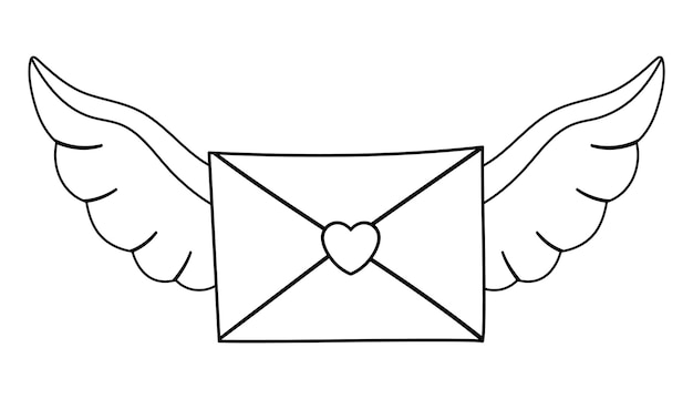 Carta de vector blanco y negro sellada con corazón y alas extendidas. Símbolo del día de San Valentín. Elemento de publicación divertida con concepto de amor aislado sobre fondo blanco. Juguetón icono de línea de vacaciones de febrero