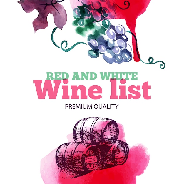 Carta de vinos. Boceto dibujado a mano e ilustración acuarela. Diseño de menú