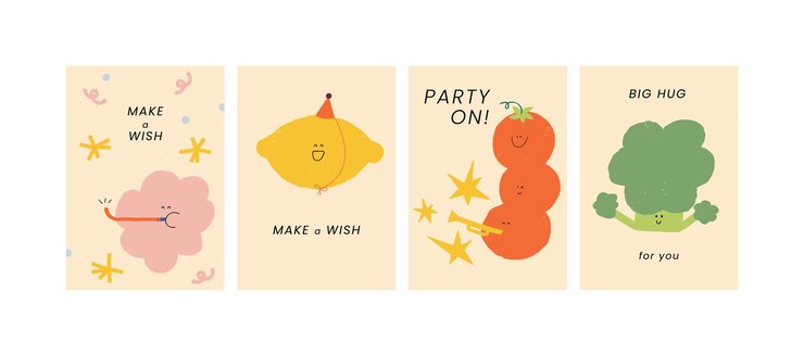 Cartas de cumpleaños con frutas y verduras infantiles y personajes divertidos Ilustración vectorial