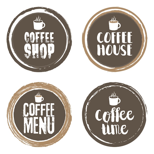 Cartas de menú de café y taza. Conjunto de círculo de grunge. Ilustración vectorial.