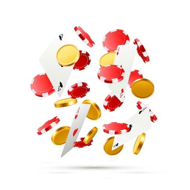 Cartas de póquer que caen volando con fichas y monedas. objetos de casino en el fondo blanco. ilustración vectorial