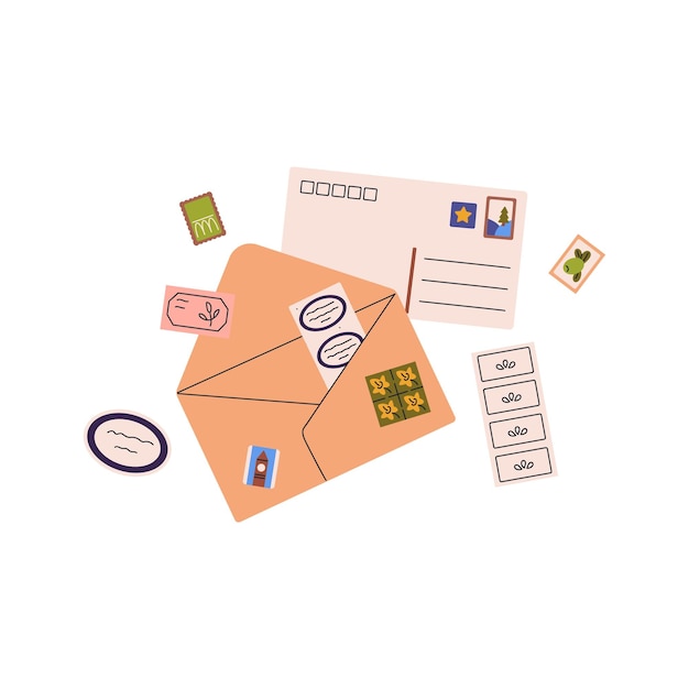 Cartas selladas y abiertas con diferentes sellos postales Sobres postales con marcas postales marcas postales Correspondencia en papel Comunicación por correo Ilustración vectorial aislada plana sobre fondo blanco