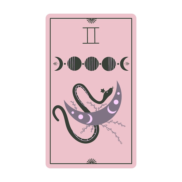 Vector cartas de tarot antiguas con fases lunares y serpientes aisladas en un fondo blanco magia celestial para ocultismo y adivinación cartas de luz rosa serpiente con luna ilustración vectorial plana