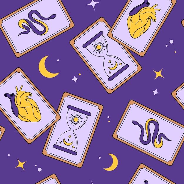 Las cartas del Tarot, el fondo del patrón sin costuras, el gótico esotérico, la magia astrológica, la ilustración vectorial de dibujos animados.