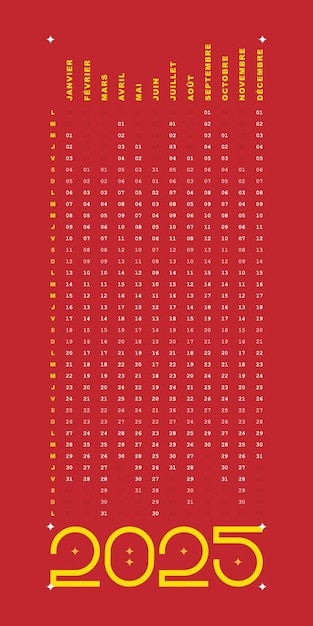 Carte rouge Calendario de fechas 2025 diseño francés vertical simple modificable color