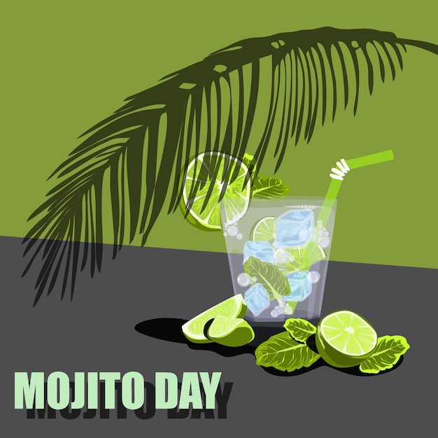 Cartel del 11 de julio del Día Nacional del MojitoCopa de mojito con diseño de vector de hielo de menta y lima