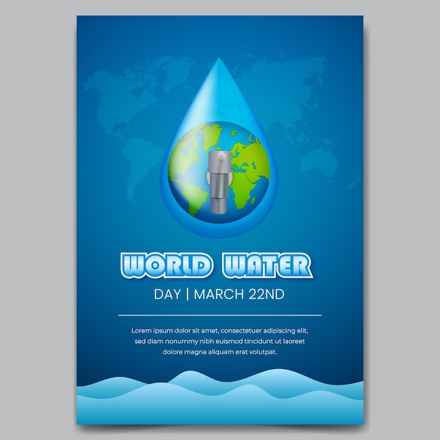 Cartel del 22 de marzo del día mundial del agua con gotas de agua terrestres e ilustración de grifos de agua