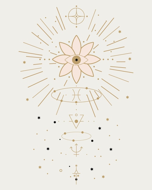 Vector cartel abstracto astrológico símbolos ojo en una flor estrellas planetas y runas