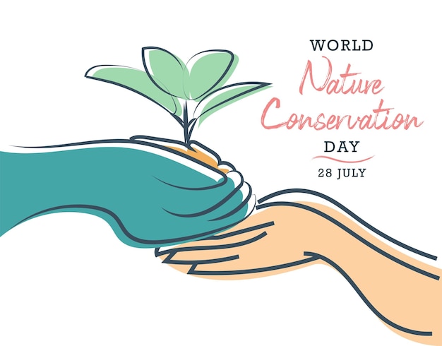Cartel abstracto del Día Mundial de la Conservación de la Naturaleza 28 de julio para la web de la naturaleza que da la planta al vector de ilustración humana