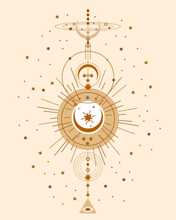 Vector cartel abstracto mágico símbolos luna estrellas planetas y runas en un arreglo vertical