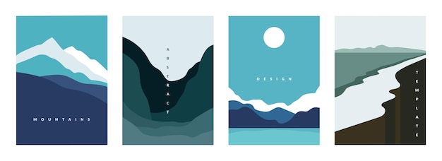 Cartel abstracto de montaña. banners de paisajes geométricos con colinas, ríos y lagos, escenas de naturaleza minimalista. folletos gráficos de ilustración vectorial con flujos y corriente curva